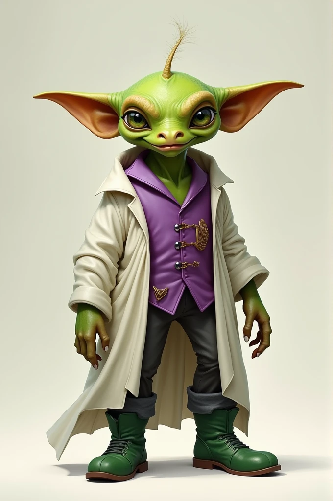 A small unibrow green alien with a white robe, green boots and a purple vest