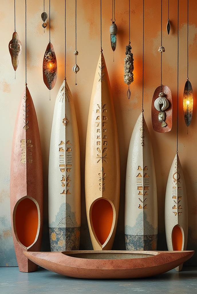Describe: This 3D mixed-media artwork showcases a fusion of Japanese and Nordic aesthetics. Key features include:
1. Canoe-like panels:
- Made of stone and ceramic
- Elongated, dome-like shapes
- Organic inscriptions and speckled textures
- Colors: sand, camel, and cream
2. Suspended metal mobiles:
- Asymmetrical design with wide arms
- Adorned with mirror-like pieces, seashells, and abalone
- Incorporates Sami cultural symbols
3. Artistic techniques:
- Oil painting with crackled effects
- Glossy embossed textures
4. Lighting:
- Warm tangerine and burgundy hues
- Abstract light patterns creating a luminous effect
The artwork harmoniously blends traditional craftsmanship with contemporary expression, resulting in an eclectic and visually striking exhibition piece.