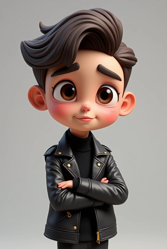 Create a digital 4D illustration of a happy cartoon character with a modern and stylish haircut featuring a short, cool haircut. The character has big, expressive brown eyes, thick eyebrows, and a slightly pouty expression. They are wearing a black leather jacket over a black turtleneck sweater, standing with their arms crossed. The background is simple and gray, drawing focus to the character. Below the character, bold gold text reads “JOMBLO BAHAGIA” in a cheerful, yet slightly somber font.