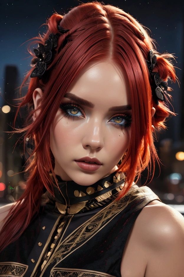 beautiful girl, Half-length portrait, short and messy bright red hair, black eye shadow, (street style clothing:1.2), (city background:1.2), dark makeup, Digital art, trend in artstation, highly detailed, good detail, Intricate,  beautiful detailed glow, detailed, cinematic light, High resolution, detailed facial features,sharp focus, seeds, Aesthetic,