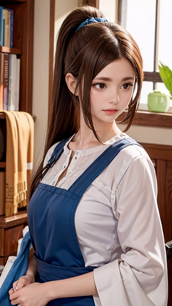 1 female, high resolution, Long hair, Ponytail, High Detail, best quality, masterpiece, Attire,Doing housework at home