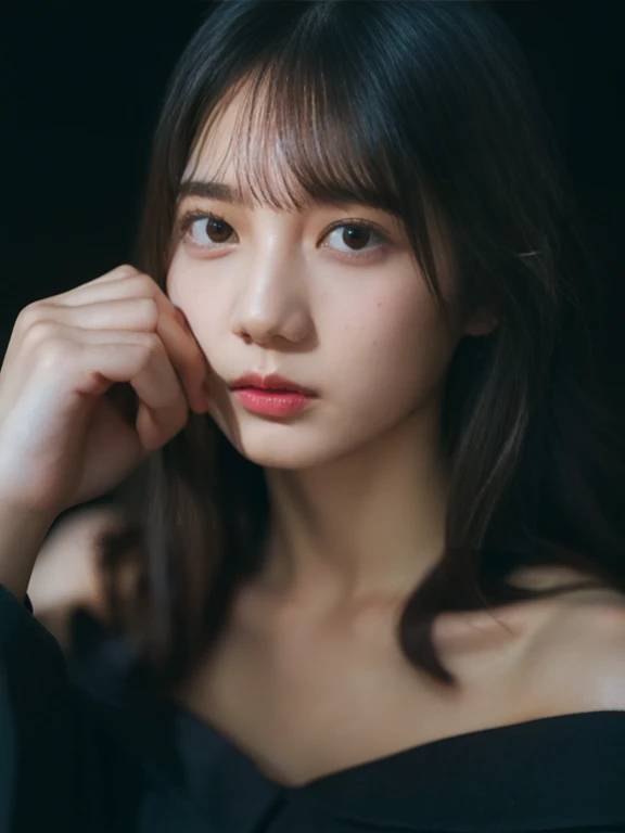 highest quality, Tabletop, 超A high resolution, (Realistic:1.4), RAW Photos, One Girl, Off the shoulder, In the Dark, Deep Shadow, Low Key, Cold Light, Detailed skin