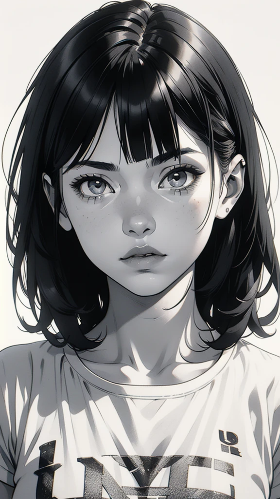 1 boyish girl, solo, sharp eyes, monochrome, greyscale, short black hair, portrait, white T-shirt, thin eyebrows, closed mouth, looking at viewer, graphite \(medium\), detailed lips, hatching \(texture\), without makeup, full bangs, upper body, (best illustration), (best quality), (very detailed), (masterpiece), expressionless,