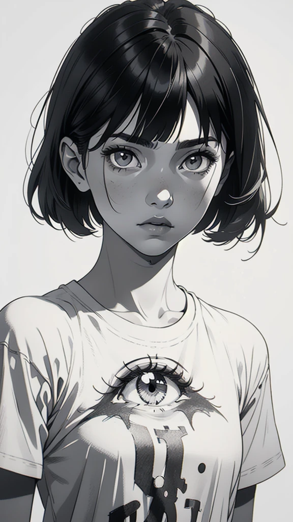 1 boyish girl, solo, sharp eyes, monochrome, greyscale, short black hair, portrait, white T-shirt, thin eyebrows, closed mouth, looking at viewer, graphite \(medium\), detailed lips, hatching \(texture\), without makeup, full bangs, upper body, (best illustration), (best quality), (very detailed), (masterpiece), expressionless,