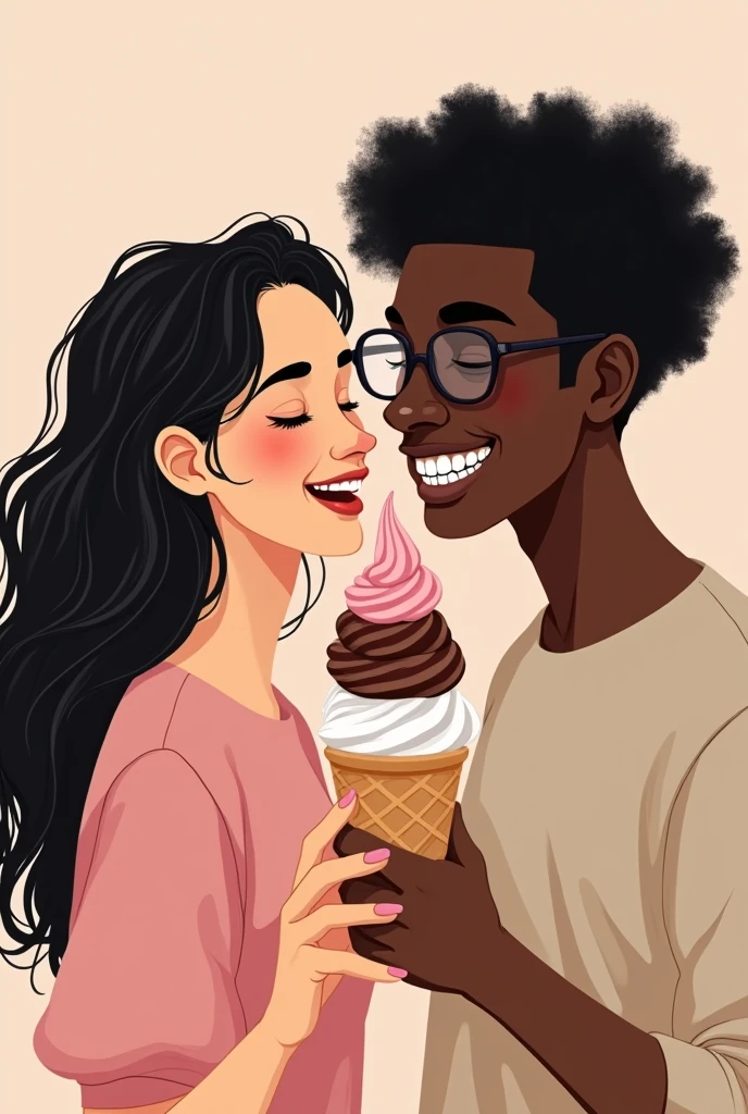 Drawing of Neapolitan ice cream and a happy couple, the white woman like paper with long wavy black hair and the black skinned man with black curly hair with glasses and braces on his teeth
