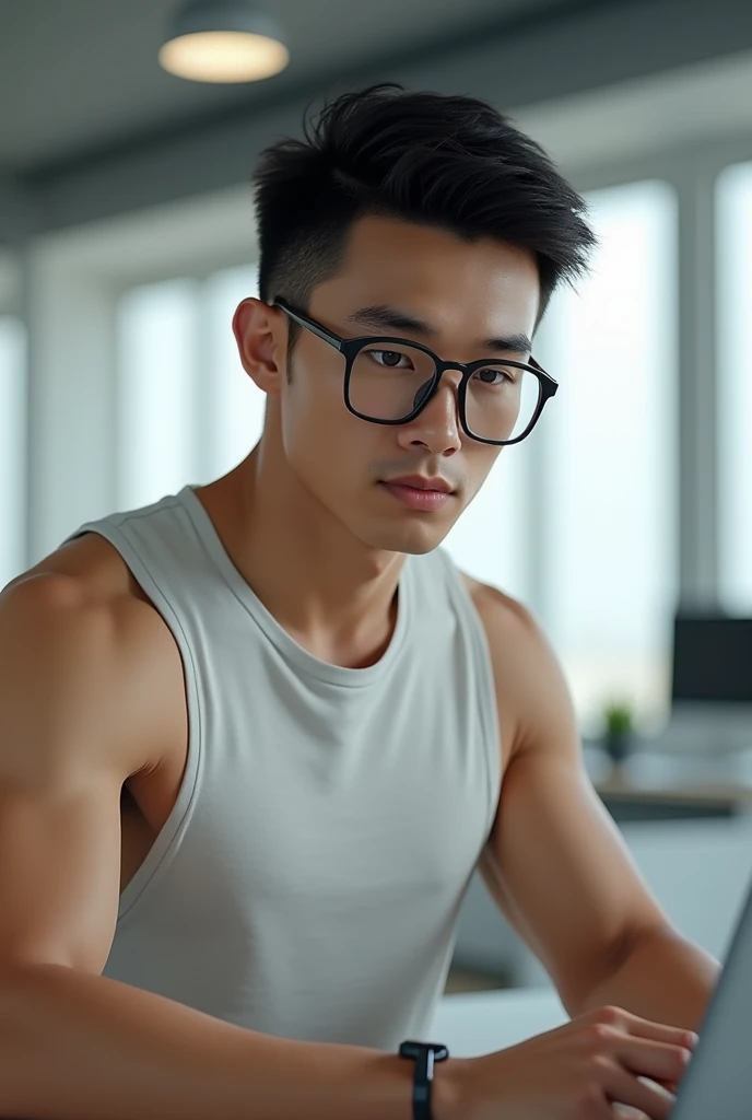 A office Asian young man 2 with glasses  , wearing sleeveless shirt