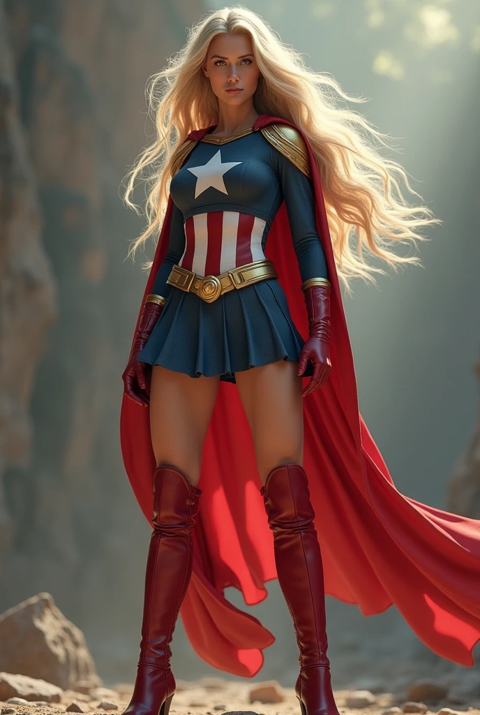 (photorealism:1.2), beautiful blonde woman, patriotic superhero, lanky frame, small breasts, muscular, extremely long blonde hair, All-American, red and white stripe cape, white star on the chest in a ring of gold stars, red and white stripe miniskirt, thigh high red boots, long red gloves, dark blue top with long sleeves, gold utility belt