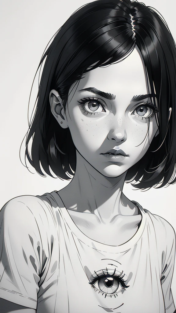 1 boyish girl, solo, sharp eyes, monochrome, greyscale, short black hair, portrait, white T-shirt, thin eyebrows, closed mouth, looking at viewer, graphite \(medium\), detailed lips, hatching \(texture\), without makeup, full bangs, upper body, (best illustration), (best quality), (very detailed), (masterpiece), expressionless,