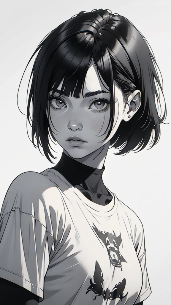 1 boyish girl, solo, sharp eyes, monochrome, greyscale, short black hair, portrait, white T-shirt, thin eyebrows, closed mouth, looking at viewer, graphite \(medium\), detailed lips, hatching \(texture\), without makeup, full bangs, upper body, (best illustration), (best quality), (very detailed), (masterpiece), expressionless,