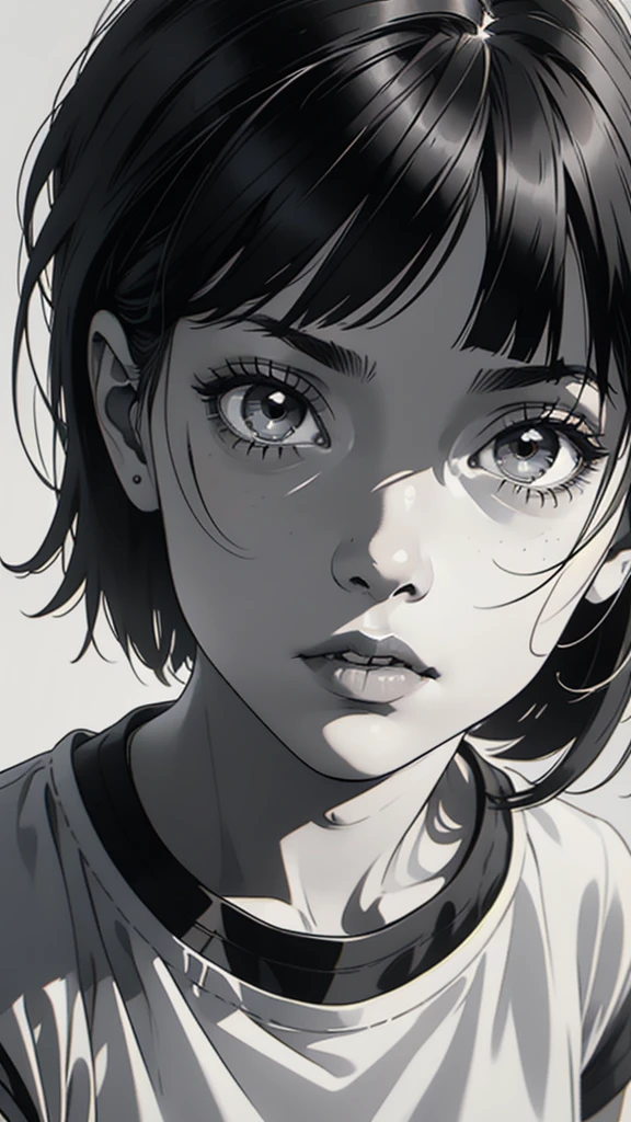 1 boyish girl, solo, sharp eyes, monochrome, greyscale, short black hair, portrait, white T-shirt, thin eyebrows, closed mouth, looking at viewer, graphite \(medium\), detailed lips, hatching \(texture\), without makeup, full bangs, upper body, (best illustration), (best quality), (very detailed), (masterpiece), expressionless,