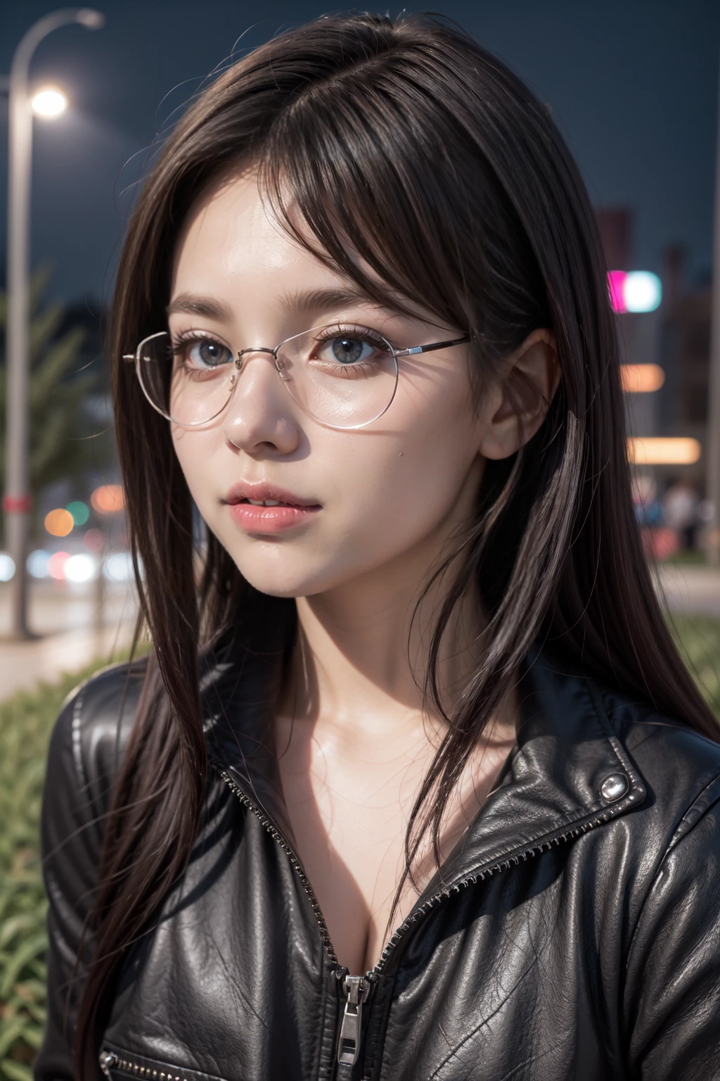 Beautiful realistic girl with red lipstick, rosy cheeks, big Blue eyes, lined up horizontally near the nose, thin eyebrows, long straight purple hair, with nails, painted black, in a black leather jacket with a zipper,with a strap with rivets,black pants, standing,with a shy smile, transparent glasses, filmed as if in the palm of your hand, with 100k resolution with 18mm lens and aperture/1.8 aperture, with blurred background night city park with illuminated buildings