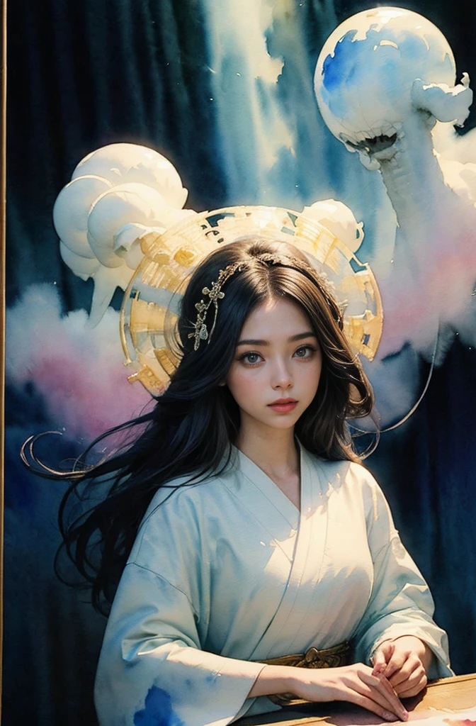 (Tabletop, Highest qualityの, Highest quality, Official Art, (beautifully、aesthetic:1.4), (Watercolor:1.4) ), (Izanami 1.5), 日本のgod話の女god, Majestic beauty, 創造の女god、生命の女god、Typically、((((Typically))))、Reincarnation Support, god'Grace, Gentle and meditative expressions, Flowing, celestial garments, Shine、Created all the landscapes and worlds on Earth, A dazzling dance of light, Whispers of Ancient Legends,god秘的な着物姿、Full moon in the upper left of the background、Night view