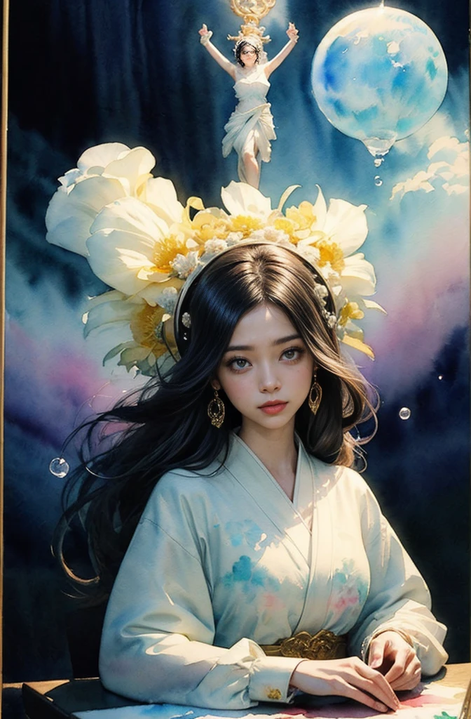 (Tabletop, Highest qualityの, Highest quality, Official Art, (beautifully、aesthetic:1.4), (Watercolor:1.4) ), (Izanami 1.5), 日本のgod話の女god, Majestic beauty, 創造の女god、生命の女god、Typically、((((Typically))))、Reincarnation Support, god'Grace, Gentle and meditative expressions, Flowing, celestial garments, Shine、Created all the landscapes and worlds on Earth, A dazzling dance of light, Whispers of Ancient Legends,god秘的な着物姿、Full moon in the upper left of the background、Night view