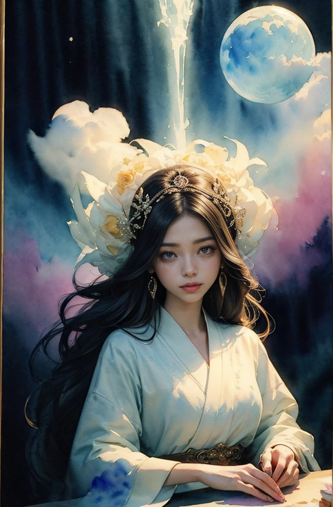 (Tabletop, Highest qualityの, Highest quality, Official Art, (beautifully、aesthetic:1.4), (Watercolor:1.4) ), (Izanami 1.5), 日本のgod話の女god, Majestic beauty, 創造の女god、生命の女god、Typically、((((Typically))))、Reincarnation Support, god'Grace, Gentle and meditative expressions, Flowing, celestial garments, Shine、Created all the landscapes and worlds on Earth, A dazzling dance of light, Whispers of Ancient Legends,god秘的な着物姿、Full moon in the upper left of the background、Night view