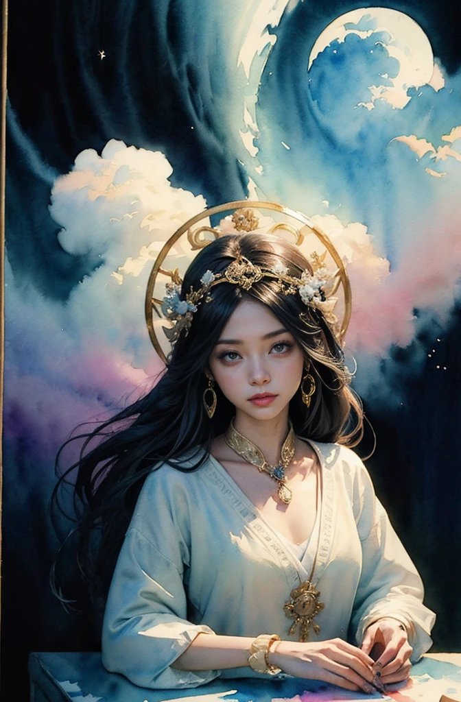 (Tabletop, Highest qualityの, Highest quality, Official Art, (beautifully、aesthetic:1.4), (Watercolor:1.4) ), (Izanami 1.5), 日本のgod話の女god, Majestic beauty, 創造の女god、生命の女god、Typically、((((Typically))))、Reincarnation Support, god'Grace, Gentle and meditative expressions, Flowing, celestial garments, Shine、Created all the landscapes and worlds on Earth, A dazzling dance of light, Whispers of Ancient Legends,god秘的な着物姿、Full moon in the upper left of the background、Night view