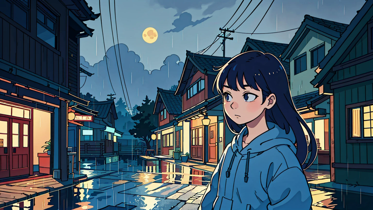 asian views, asian building, looks so wonderful, rainy, starynight,Luna, night and rain, the landscape passing by, Elogio Artstyle, Arte Lofi, lofi aesthetic, Lofi Sensation, Hip Hop Lofi, , Retrato Lofi, lo fi, arte lo-fi, vibe, badass vibes , cores , lofi girl aesthetic, highquality art, 4K, longhair, sexy girl, lofi