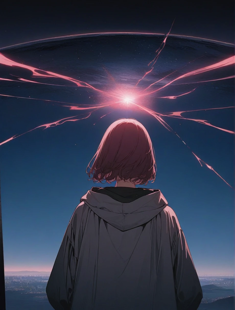 score_9, score_8_up, score_7_up, score_anime, masterpiece, top quality, delicate illustration, sharp lines, sharp focus, BREAK, a traveling girl wandering in the endless night world, the girl wears a hood and has a lot of stuff in her backpack, night , fantastic landscape, beautiful scenery, harmony with nature, spectacular view, space city, (((torn clothes))), (((torn hood)))