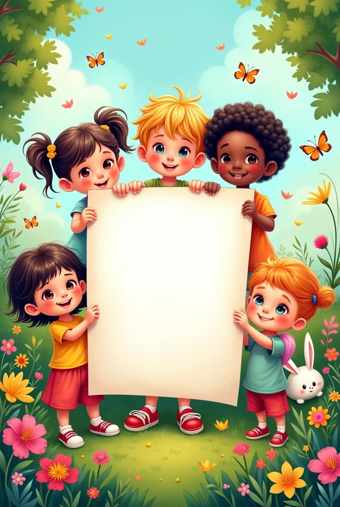 Create an English vocabulary book cover with some very cute little kids holding a blank sign that is very cute and creative with lots of flowers and animals 