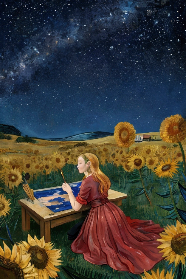 Van Gogh, backside, was painting, dressed in simple clothes, creating his most famous work, the starry sky, under the night sky, his pen peak resting on his drawing board, his eyes staring at the night sky, the vision. There is a  happy to run to him, a woman kindly looking at the harmonious scene, the  and the woman are also back