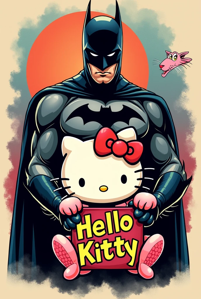 Tattoo of batman and the pink panther holding a hello kitty sign