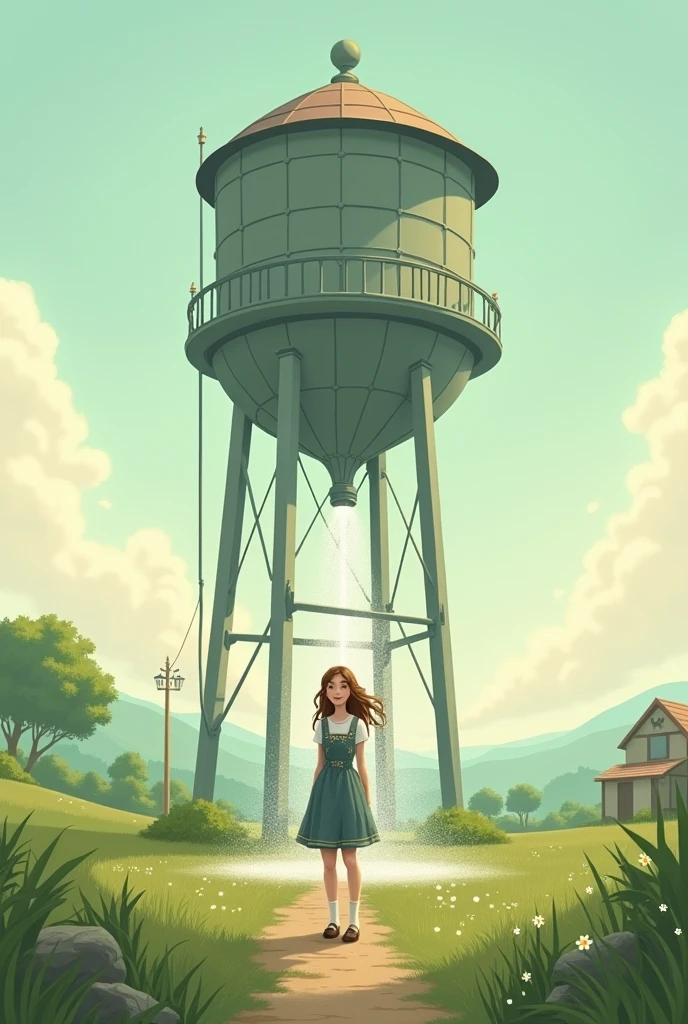 Water tower with spout spraying woman in pinafore vest