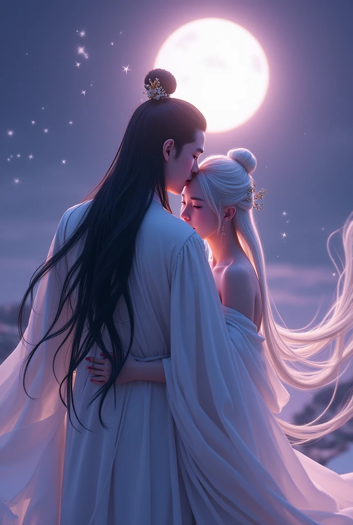 accurate, High-resolution model, High detail, Ultra high definition, 1人の背が高いBeautiful Youth、後ろからbeautiful girlを抱きしめる、night、Purple Sky、white shining moon、Moonlight、Beautiful Youth(ancient chinese costume、black、black髪、long、White skin、)、beautiful girl(ancient chinese costume、Silver Hair、long、White skin、)Very detailed, Artistic, C4D, Sparkle Effect, Cinematic light effects, 