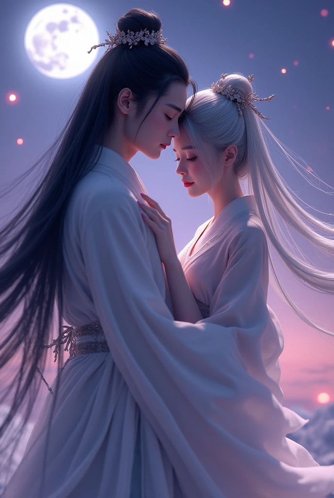 accurate, High-resolution model, High detail, Ultra high definition, 1人の背が高いBeautiful Youth、後ろからbeautiful girlを抱きしめる、night、Purple Sky、white shining moon、Moonlight、Beautiful Youth(ancient chinese costume、black、black髪、long、White skin、)、beautiful girl(ancient chinese costume、Silver Hair、long、White skin、)Very detailed, Artistic, C4D, Sparkle Effect, Cinematic light effects, 