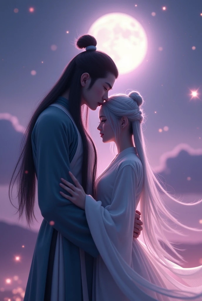 accurate, High-resolution model, High detail, Ultra high definition, 1人の背が高いBeautiful Youth、後ろからbeautiful girlを抱きしめる、night、Purple Sky、white shining moon、Moonlight、Beautiful Youth(ancient chinese costume、black、black髪、long、White skin、)、beautiful girl(ancient chinese costume、Silver Hair、long、White skin、)Very detailed, Artistic, C4D, Sparkle Effect, Cinematic light effects,