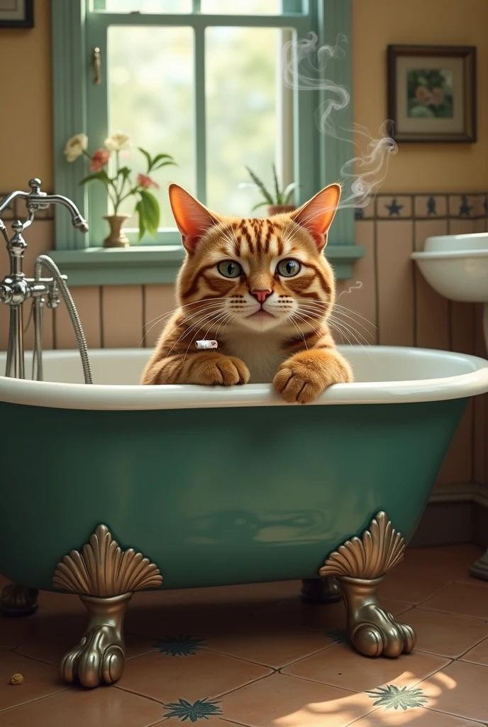 Cat smoking and bathing