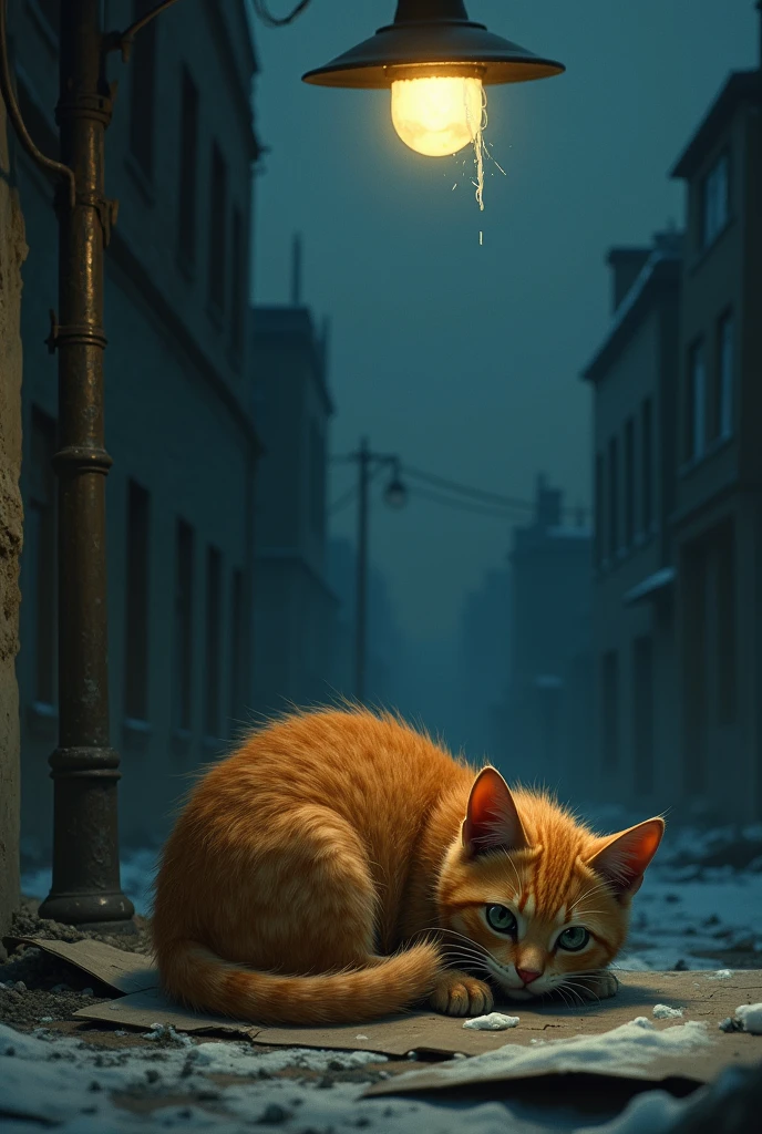 The Cold Night
Curled up on a piece of cardboard under a broken streetlight, the cat shivers in the cold night air. Its once-orange fur is dirty and unkempt, and the surroundings are desolate, highlighting the loneliness of its existence.