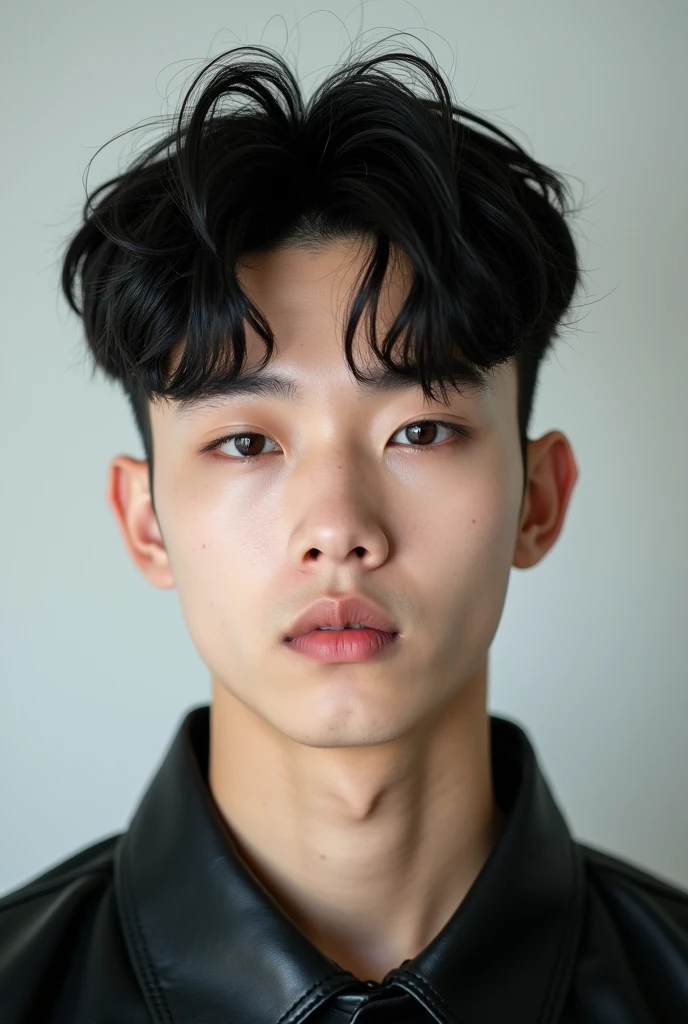 generates a real front photo of a very handsome pale-skinned teenage Korean boy, a cool cut and a rapper style and idol makeup