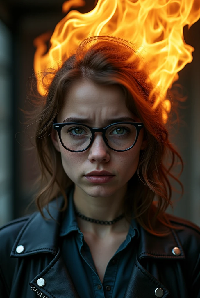  Raw photo a 21yo woman wearing black glasses with an exahusted face, hair on fire, jacket with chains 