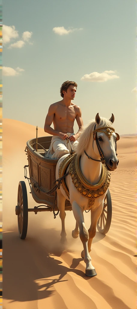A young skinny prince white skin beautiful face handsome shirtless in a small Roman carriage with 4 horses in the desert
