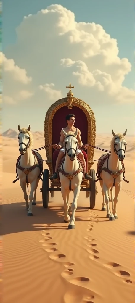 A young skinny prince white skin handsome handsome shirtless in a Roman carriage with 4 horses in the desert
