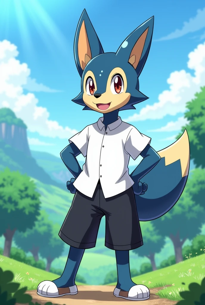 A young lucario with a white shirt and black shorts in pokemon anime style