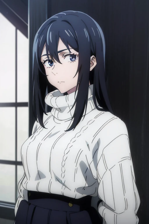 (masterpiece), (best quality), (ultra-detailed), (best illustration), (best shadow), (absurdres), long hair, black hair, ((white eyes)), oversized sweater, 1girl, solo, messy hair, closed mouth, long sleeves, looking at viewer, upper body, Hair Between Eyes, pale blue eyes, white puplils,
