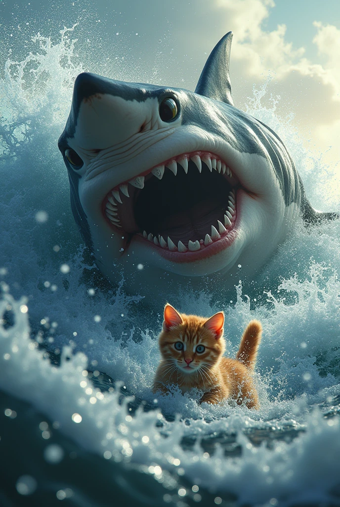 Write a thrilling scene where Daddy Cat battles the shark, describing the intense fight, the emotions, and the bond between father and kitten that fuels his determination. Will Daddy Cat emerge victorious, or will the shark's strength overpower him? How does the kitten react to seeing their father fight so fiercely?8k