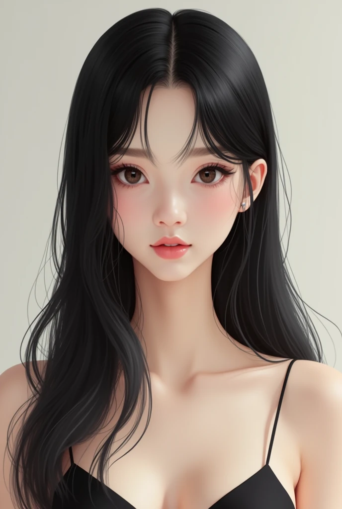 Center parting, girl, black hair, black eyes, straight perm