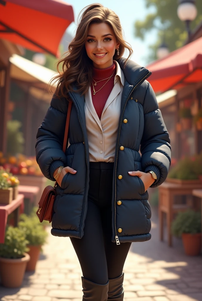 Full body beautiful white curvy hourglass body shape italian woman, 5'8" tall, medium ponytail brown wavy hair, deep brown round eyes, wearing zipped up dark blue collared quilted nylon parka down jacket with golden buttons, black straight pants, rolled up sleeves, zipping up jacket, up collar, collared white formal open button down blouse under jacket, dark red turttleneck collar shirt under blouse, light pink silk neck scarf, happy smile, walking on free market, knee boots, summer sunny day, bag, watch and bracelet, neck chain, ear rings