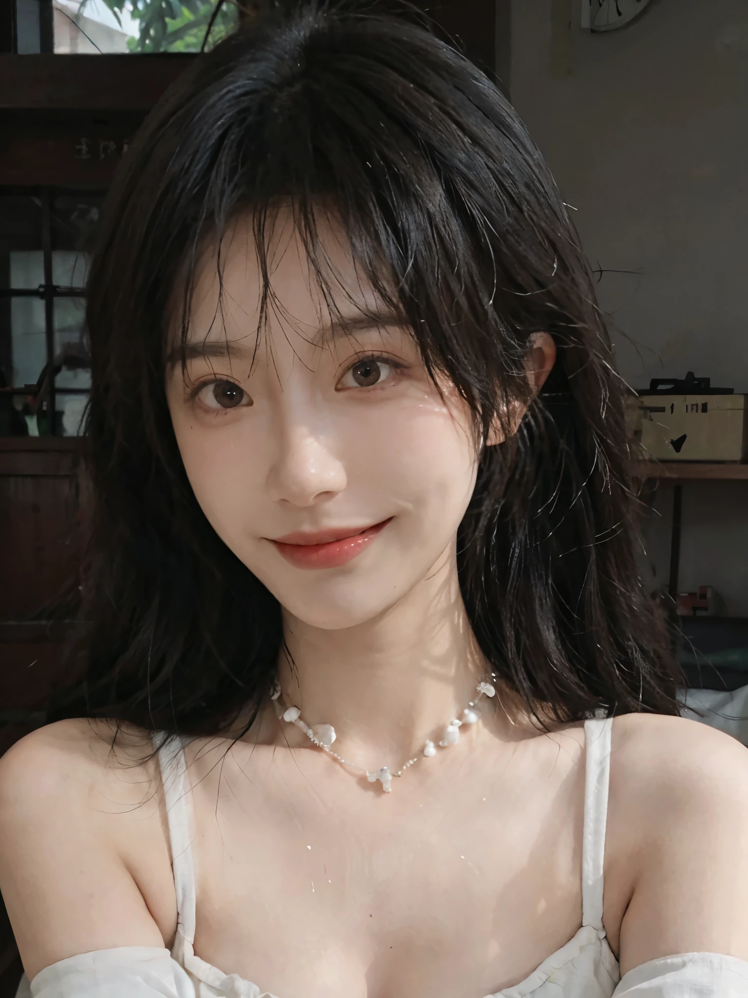 best qualtiy, Ultra-high resolution, (realisticlying:1.4),cute hairpin,Baoyu Girl,European style apartment,(flatchest:1.2) ,A pair of clear and moving peach blossom eyes,Royal Sister,sunshine on face,Big waves,(ln the forest:1.4),(choker necklace:1.2),(Fair skin:1.4),a sense of atmosphere,a beauty girl, ssmile,head straight-looking at viewer, closeup cleavage ,(Photorealistic:1.4),1girll,sexly,(Upper body:1.4),(Wet body),(:1.2)