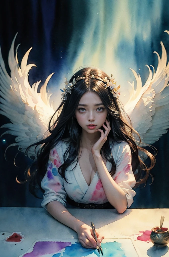 (Tabletop, Highest qualityの, Highest quality, Official Art, (beautifully、aesthetic:1.4), (Watercolor:1.4) ), (Izanami 1.5), 日本のgod話の女god, Majestic beauty, 創造の女god、生命の女god、Typically、((((Typically))))、Reincarnation Support, god'Grace, Gentle and meditative expressions, Flowing, celestial garments, Shine、Created all the landscapes and worlds on Earth, A dazzling dance of light, Whispers of Ancient Legends,Hands below chest level,The hair is a little shorter
