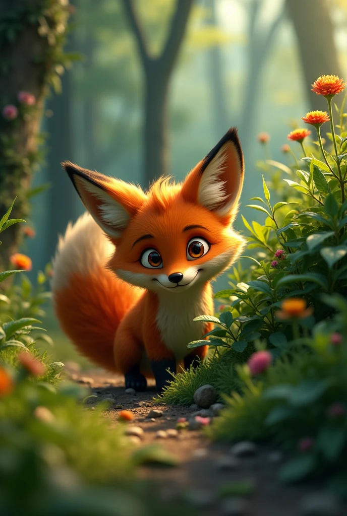 In 3D animation style The fox hiding behind bushes, peeking out with an anticipatory look.