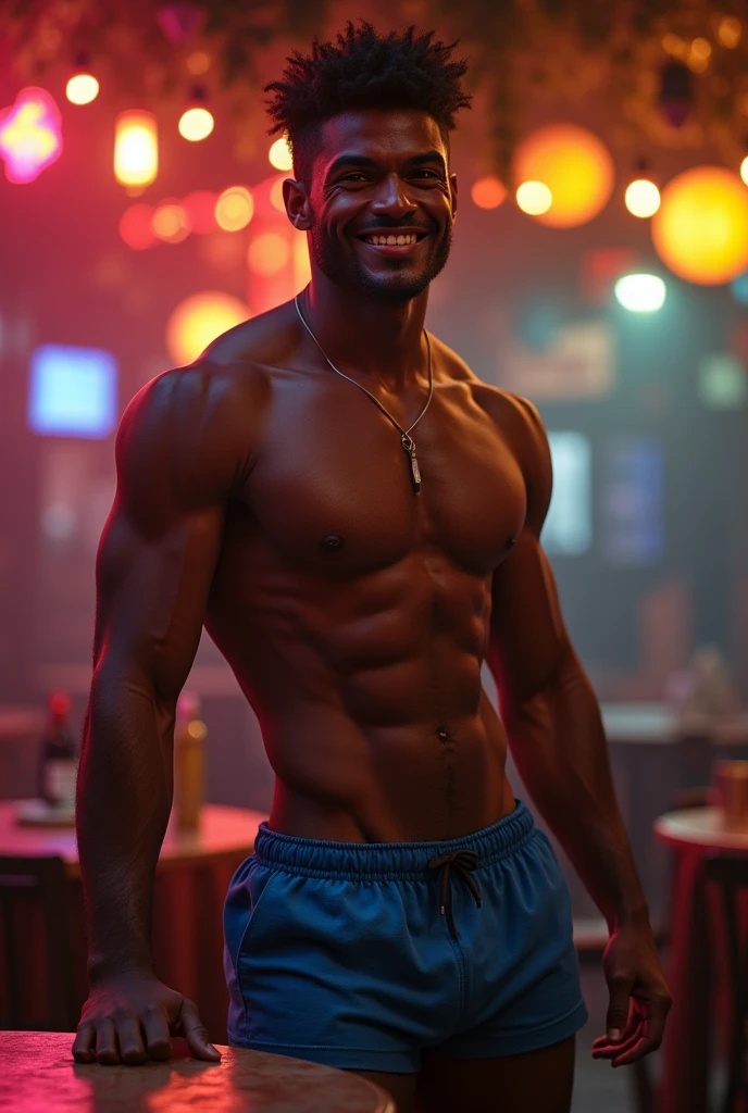 naughty man, dark-skinned, 1.70, Scrawny, bonitas, funk cafuçuc, wearing no shirt, shorts in blue, near a dining table, drlight smile, no fur, sensuous