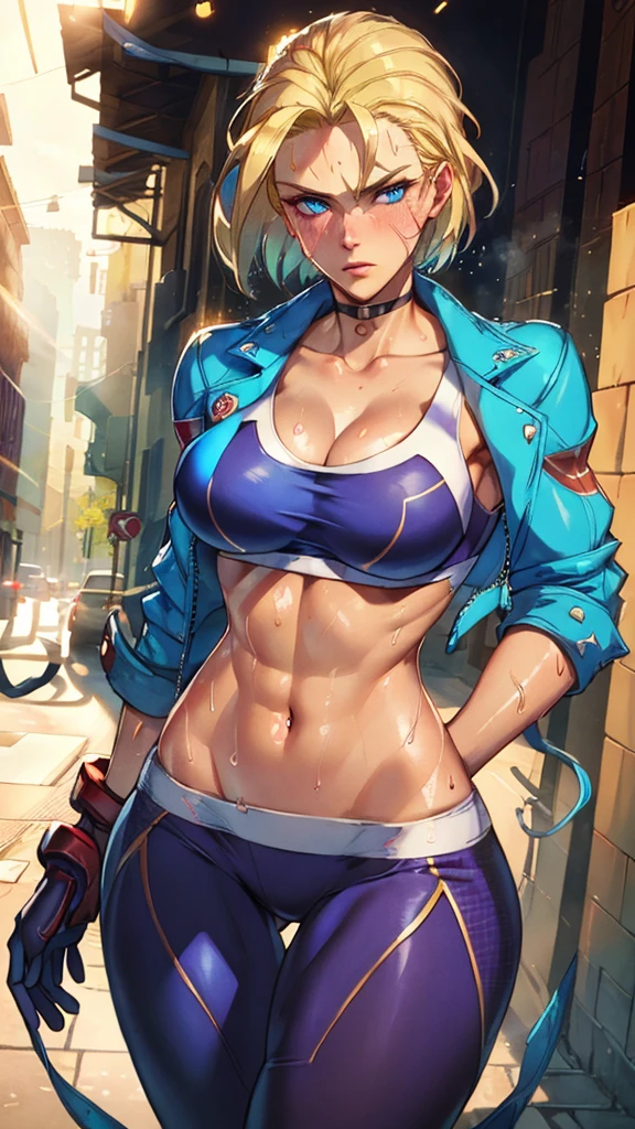 ((((masterpiece, best quality, high resolution)))), Extremely detailed 8K, 1 female, (Cammy White) wearing her Cammy White outfit, (Ultra HD, Ultra-detailed, Highly detailed, Highly realistic, Ultra-realistic, photograph realistic), (1girl:1.5), (Realistic short blond hair), (dynamic poses), facing at camera, looking at viewer, (a serious focus face), (regular blue eyes, sharp eyes), (perky breasts:1.2), (beautiful detailed face, beautiful detailed eyes), ((slightly sweating)), (preparing for a workout), sweat, glow, (sunbeam, sunlight), ((cowboy shot)), streets background, seductive, EnvyBetterHands LoCon,