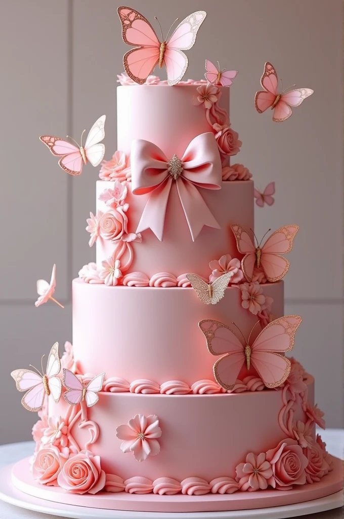 Make a one-tier cake in light pink and dark pink with bows and butterflies that surpasses all the existing cakes in the world. The most beautiful cake in the world really impresses me.
