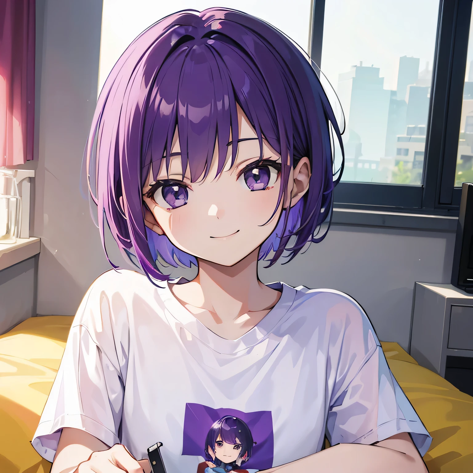 (T Masterpiece,4K wallpaper,Best Quality))、((1people))、(solo)、Bright and Brilliant,(Purple Hair)、(short hair:1.3)、smile、Bedroom、T-Shirts、morning