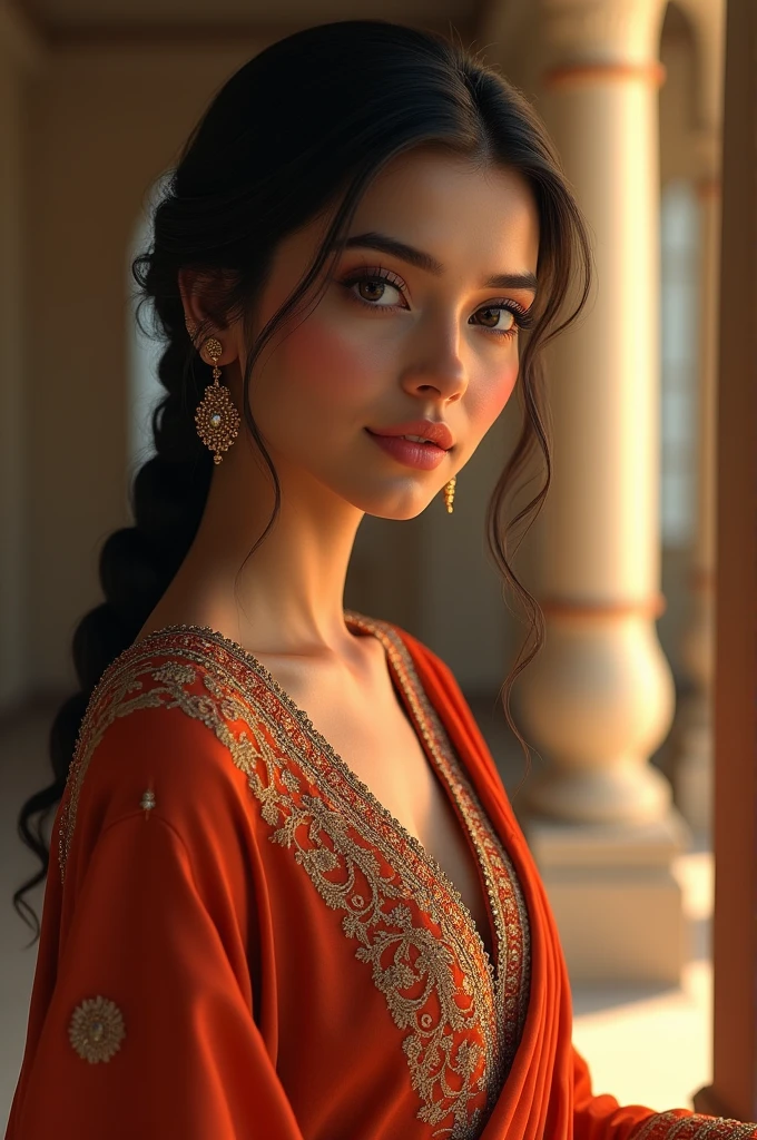a wanna a realistic picture of human girl who is exact replica of ayeza khan having dimples and fair skin wearing eastern dress standing on bridge from which clearly seen burjh khalifa view