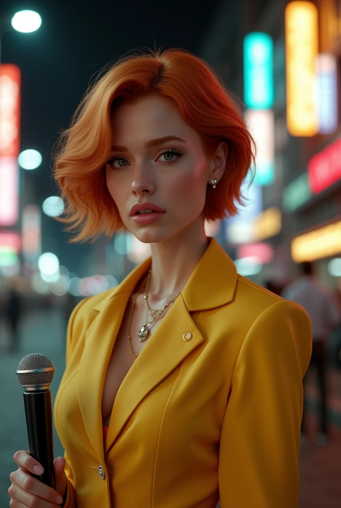 Unreal engine photography: 1.4, ultra HD, best qualityer: 1.4, photorrealistic: 1.4, texture skin: 1.4, work of art: 1.8, cowboy shot, April O'Neil waifu, 1980s (styled), 1womanl, Red hair, Short Red hair, hair orange, serious expression, worried expression, Retro art styled, shorth hair, Female TV Reporter, Speaking into the mike, Yellow shirt suit, white belt, Yellow shirt suit at the hips, half breast, neckleace, hyper-realistic eyes, gorgeous eyes, detailedeyes, lifelike face, beautfull woman, realistic background, urban street, street lights at night, Amazing lights, amazing background, mike, TV Reporter