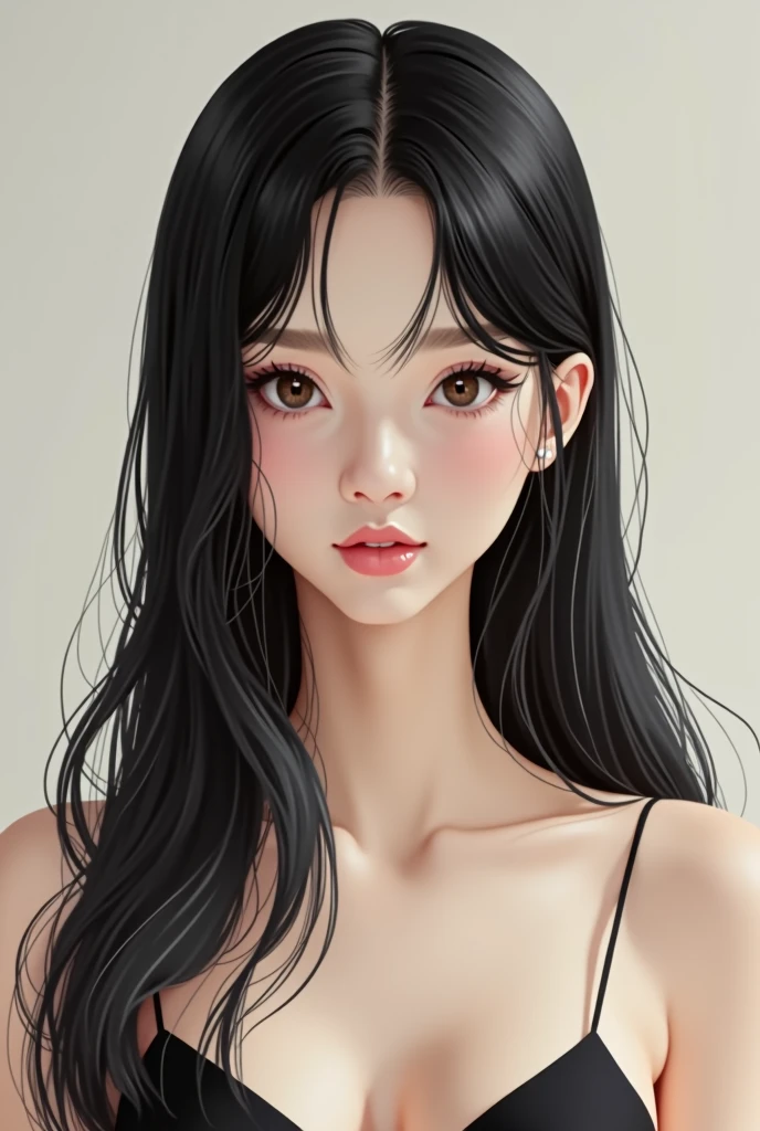 Center parting, girl, black hair, black eyes, straight perm