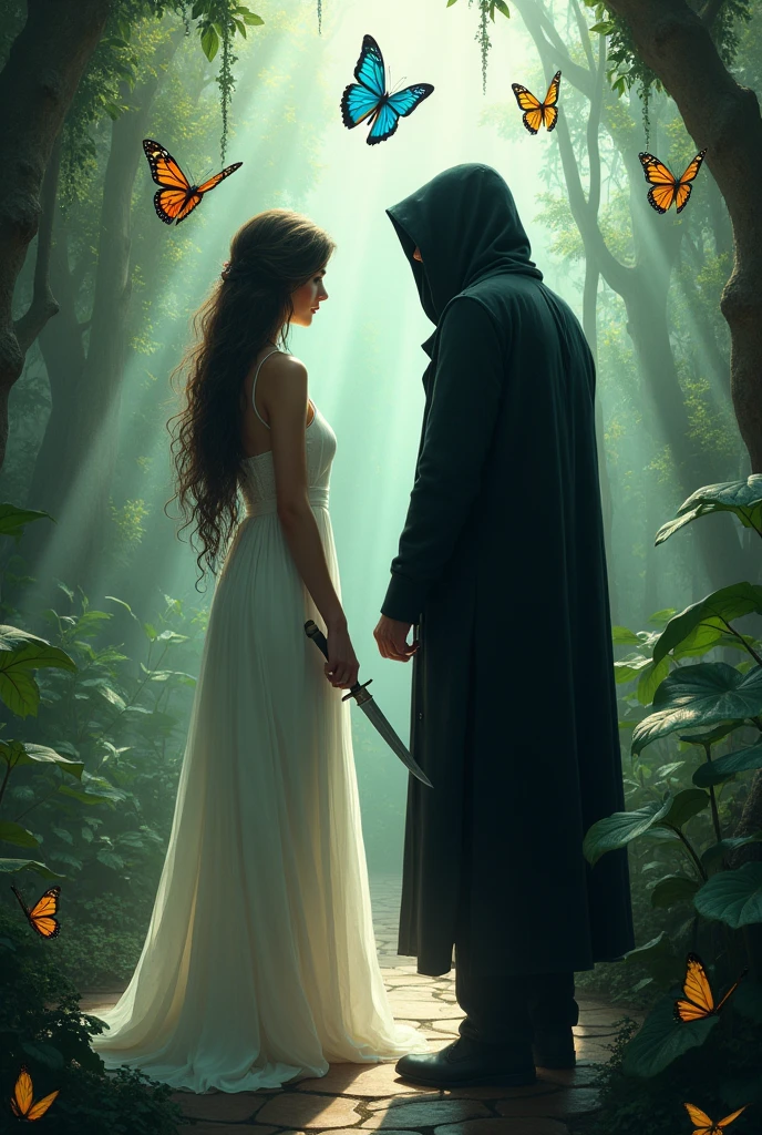 Create an image where a boy and a girl are inside a butterfly house. She has a white nightgown and long hair.. The boy has a black hooded suit. She has her back to him while he speaks in her ear. more realistic and both are separated. They are both adults. MORE ADULTS AND HE IS BEHIND HER. BOTH SEPARATED AND MORE BUTTERFLIES. SEPARATED PLEASE LET THEM BE SEPARATED. more butterflies and the girl is holding a dagger. She has a white nightgown on. more realistic. HE HAS HIS FACE MORE COVERED